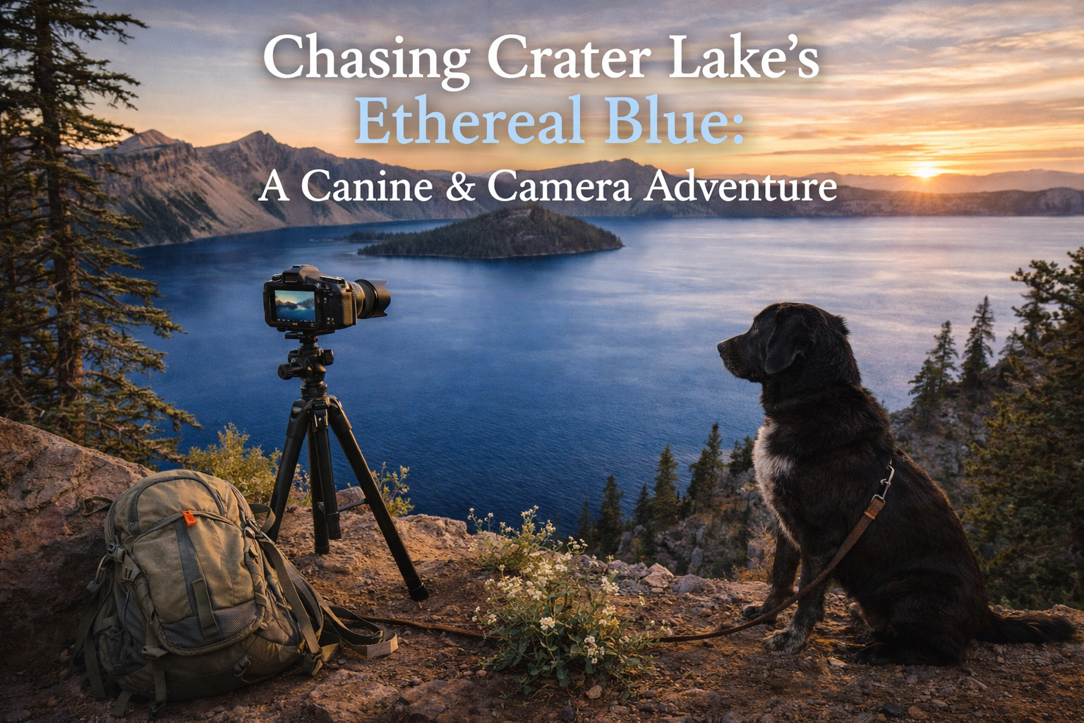 Chasing Crater Lake's Ethereal Blue Crater Lake National Park scenic overlook with camera equipment and black Labrador dog