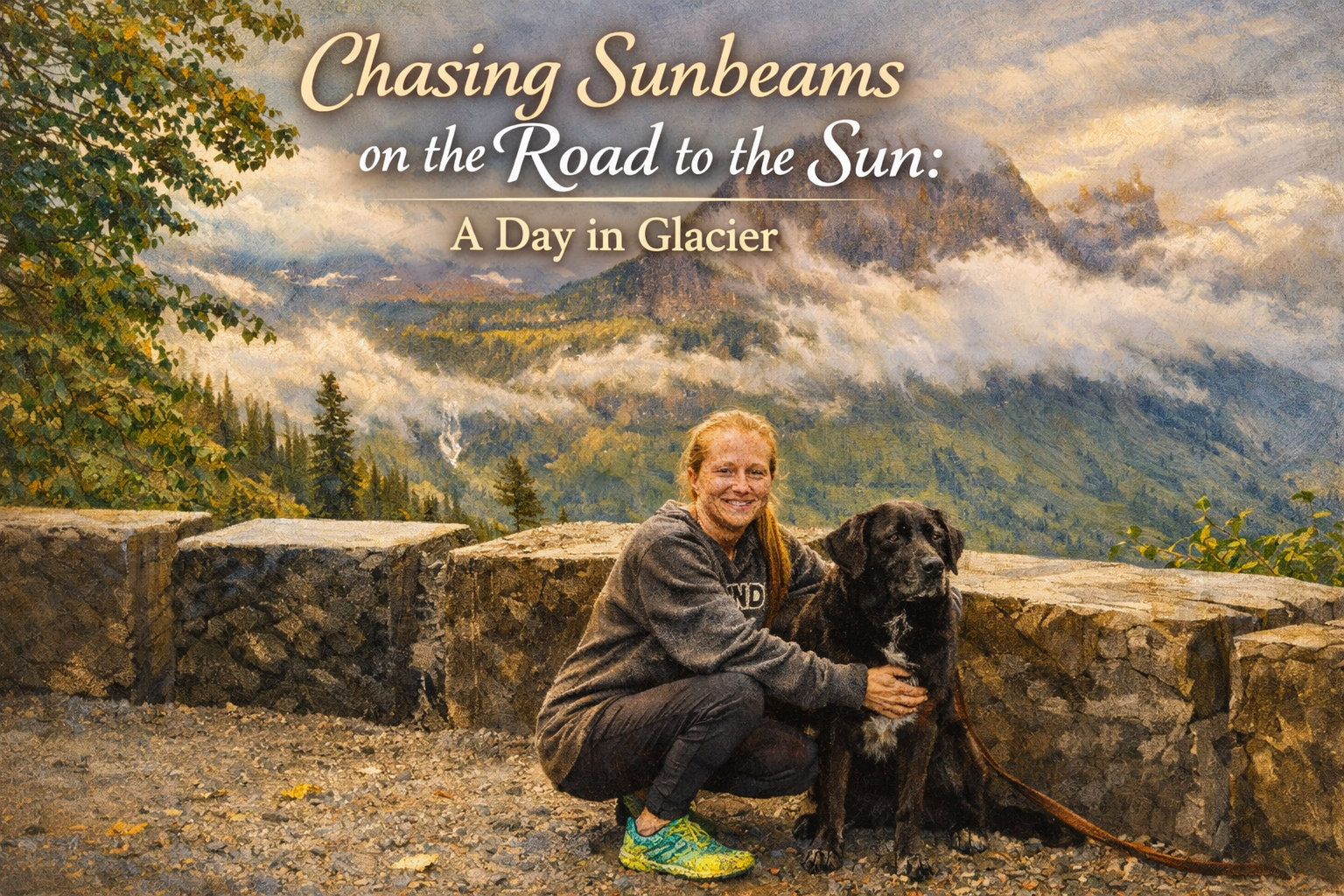 Chasing Sunbeams on the Road to the Sun Scenic mountain overlook along Going-to-the-Sun Road with traveler and dog