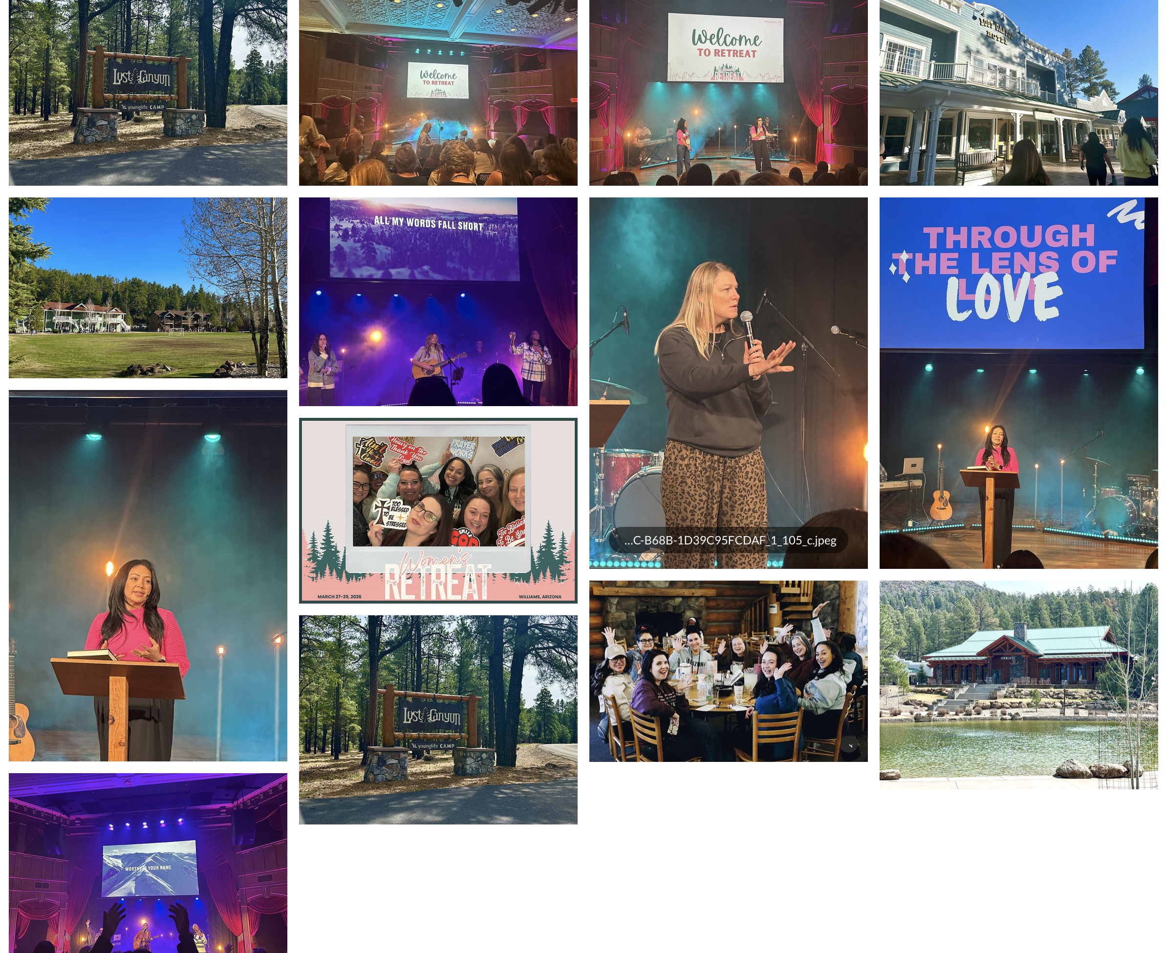 Cornerstone Women's Retreat Highlights at Lost Canyon Young Life Camp Photo collage from the Cornerstone Women's Retreat at Lost Canyon Young Life Camp in Williams, Arizona, featuring worship sessions, speakers, retreat attendees, fellowship, lodge facilities, scenic grounds, and faith-filled moments throughout the weekend.