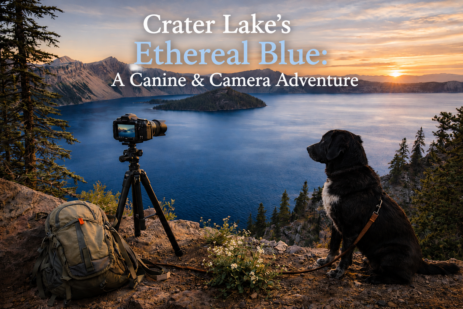Black dog sitting beside a camera on a tripod overlooking the deep blue waters of Crater Lake at sunrise. Blog cover image titled “Crater Lake’s Ethereal Blue: A Canine & Camera Adventure.”