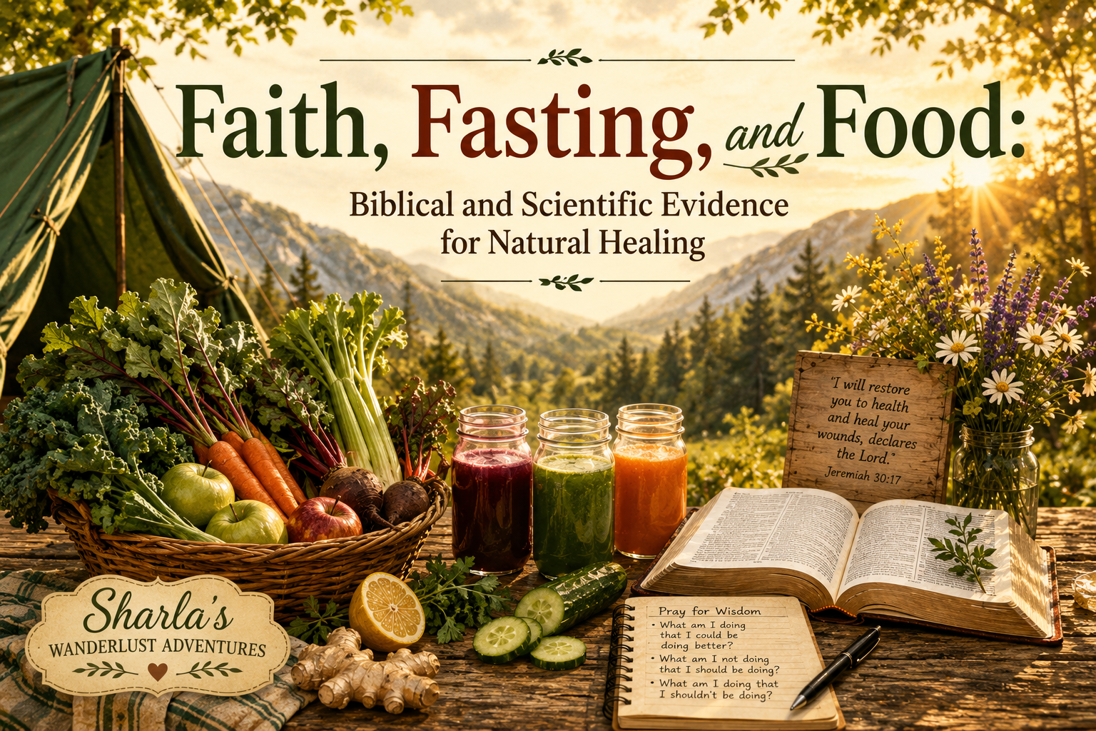 Bible, fresh vegetable juices, fruits, and healing foods on a rustic outdoor table beside a green camping tent, illustrating faith, fasting, and natural healing from a biblical and scientific perspective.