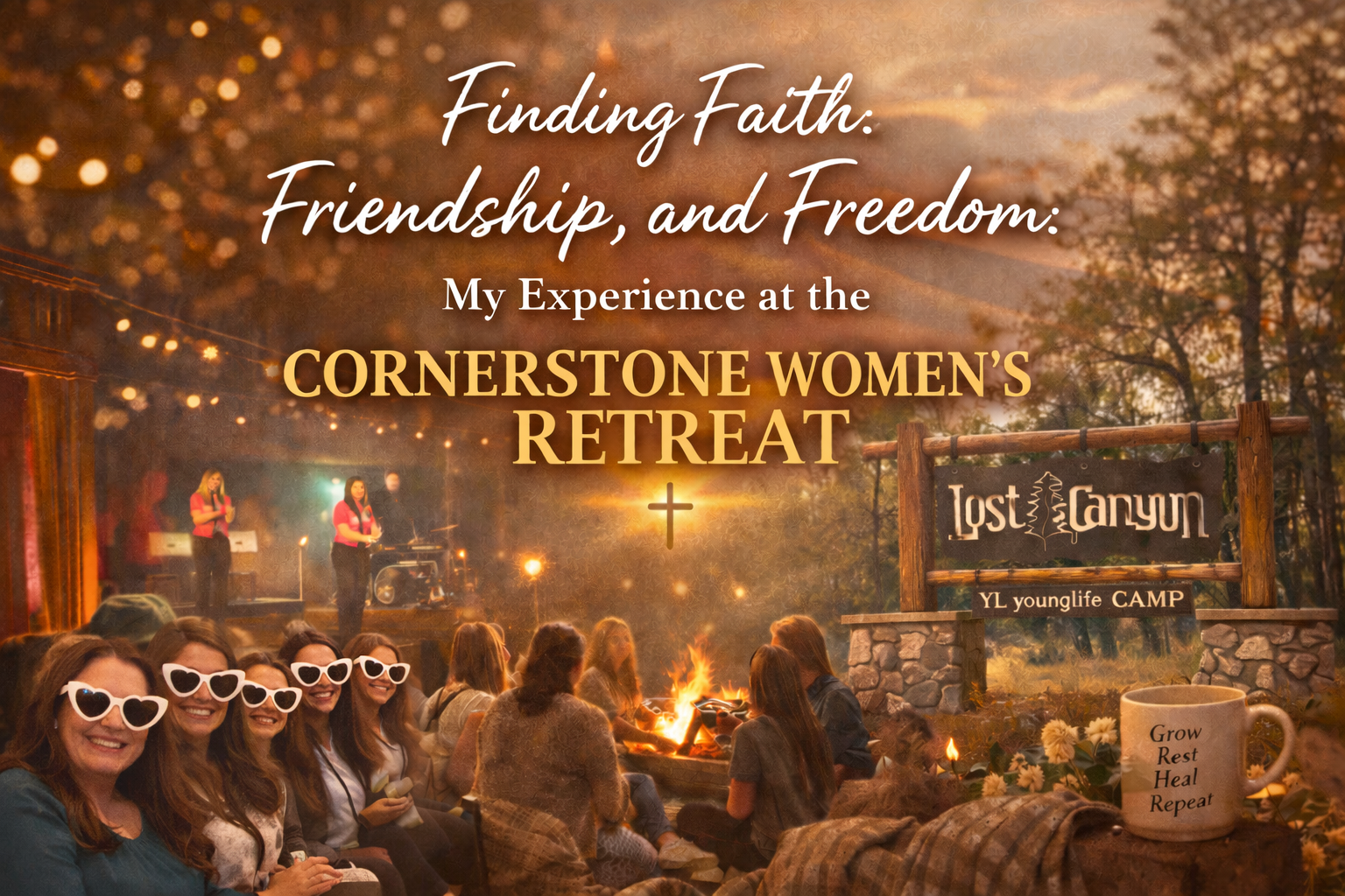 Finding Faith, Friendship, and Freedom: My Experience at the Cornerstone Women's Retreat Blog cover featuring women gathered around a campfire at the Cornerstone Women's Retreat at Lost Canyon Young Life Camp, highlighting faith, friendship, worship, and spiritual renewal.