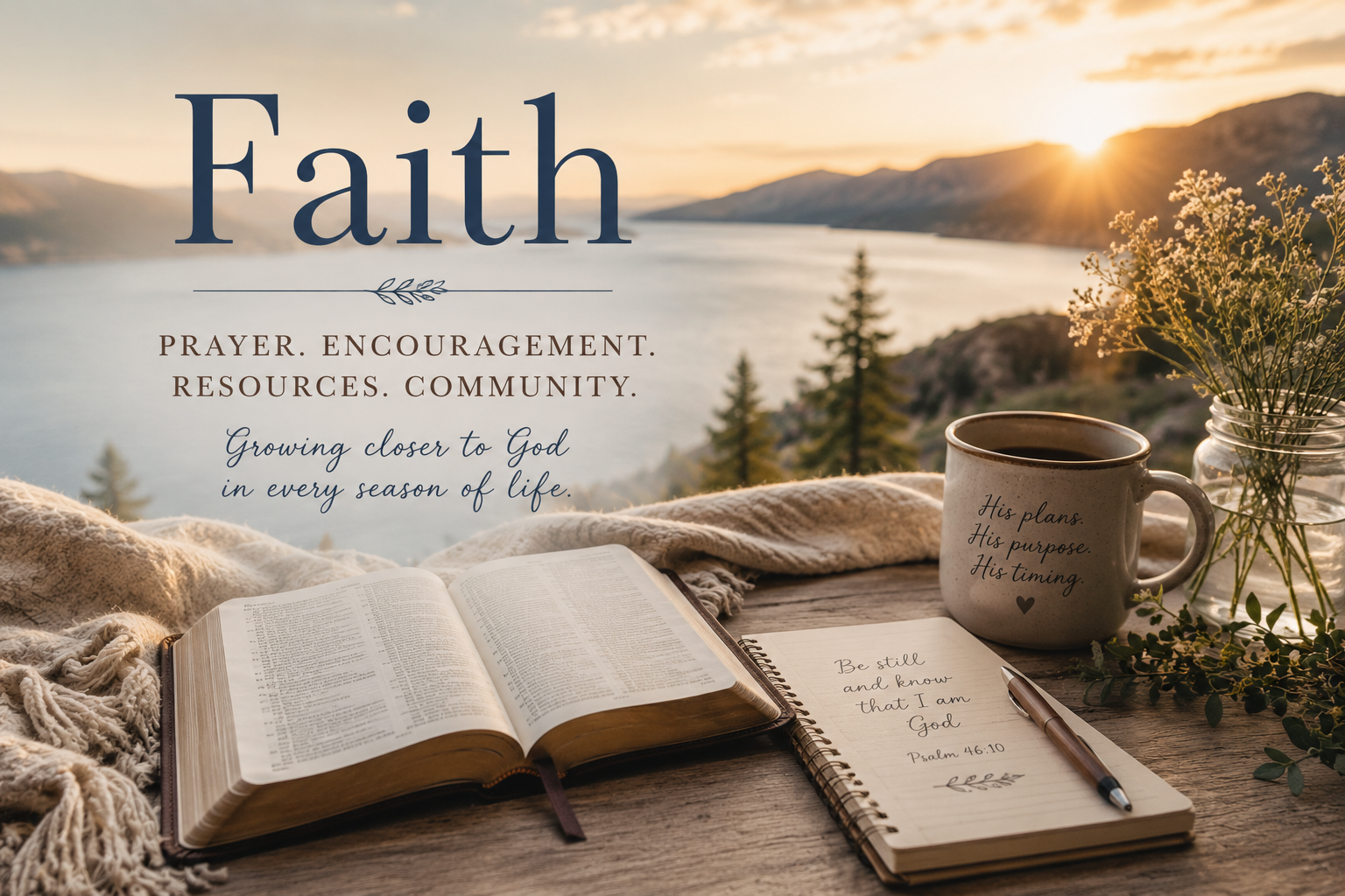 Faith | Prayer, Encouragement, Bible Resources & Christian Retreats Open Bible, prayer journal, coffee mug, and wildflowers overlooking a mountain lake at sunrise, representing Christian faith, prayer, spiritual growth, Bible study, and encouragement.