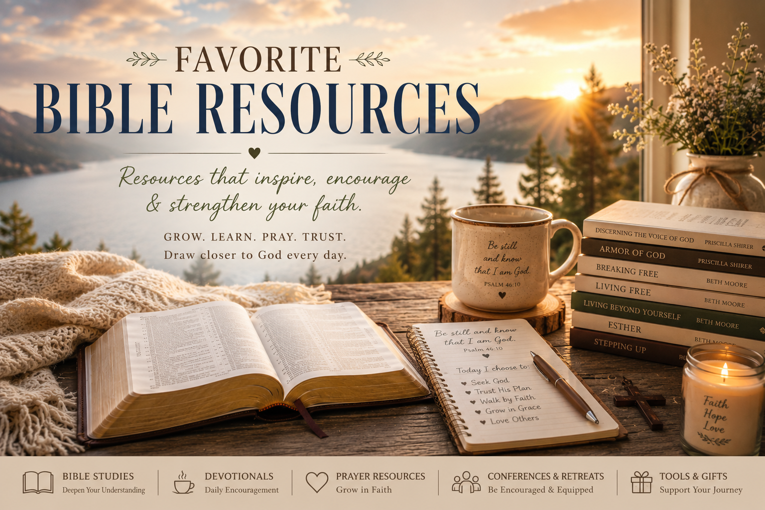 Favorite Bible Resources | Bible Studies, Devotionals & Faith Tools Open Bible, faith journal, coffee mug, and favorite Christian books overlooking a mountain lake at sunrise, representing Bible studies, devotionals, prayer resources, conferences, and faith-building tools.