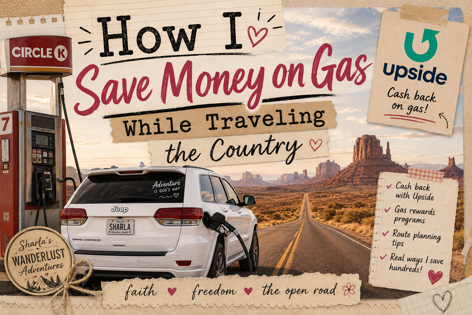 White Jeep Grand Cherokee fueling up beside a vintage gas pump while traveling through Monument Valley, illustrating money-saving gas tips for road trips and full-time travel.