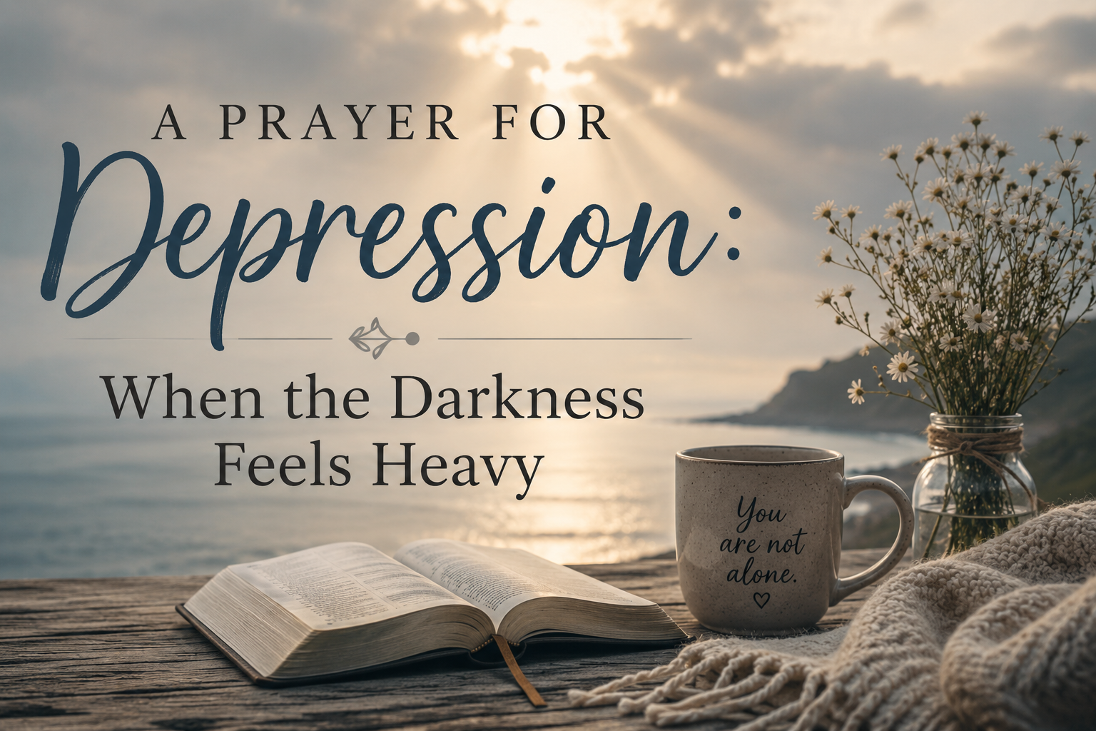 Open Bible beside a coffee mug overlooking a peaceful sunrise breaking through dark clouds, symbolizing hope, healing, and God's comfort during depression and difficult seasons.