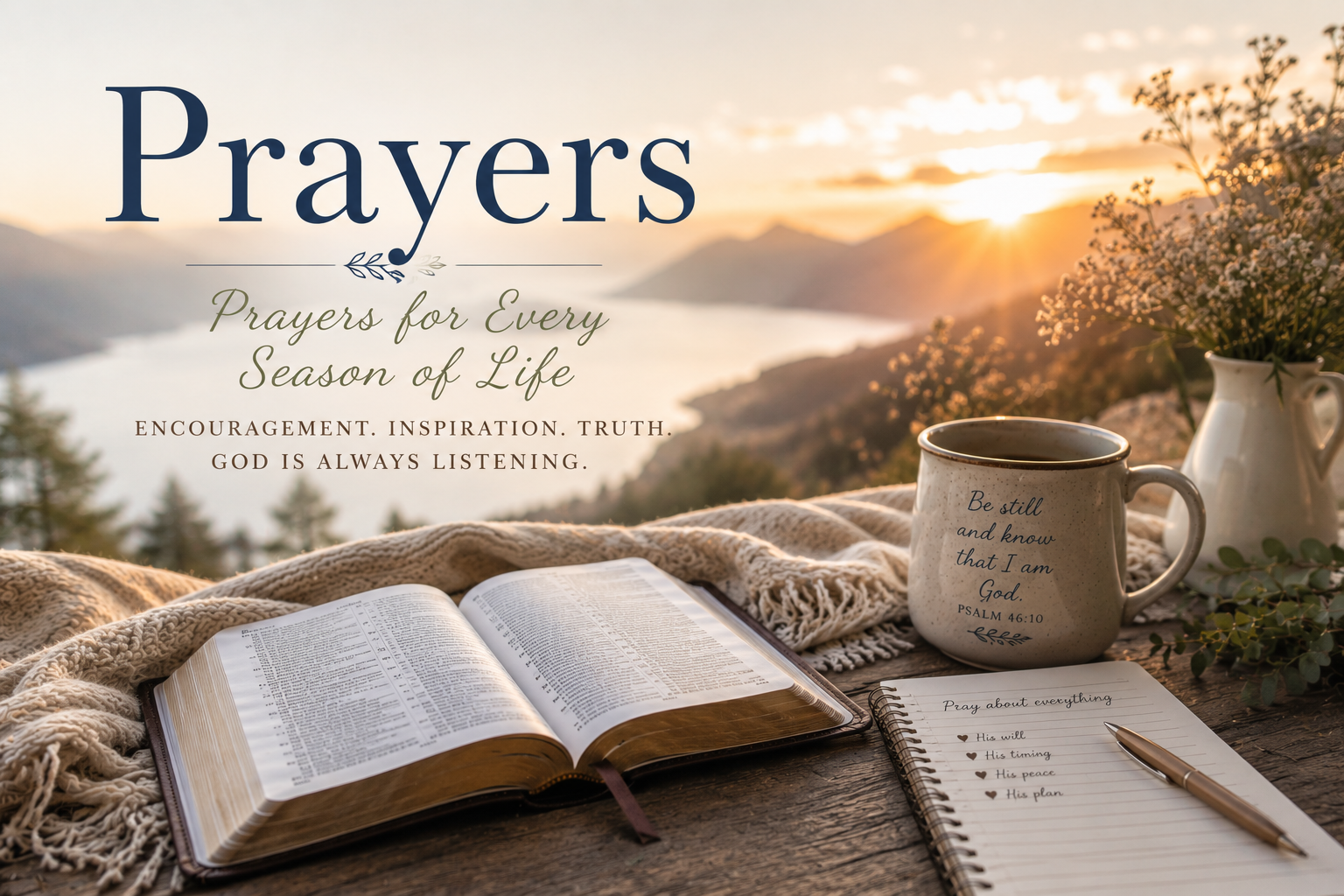 Prayers for Every Season of Life Open Bible, prayer journal, and coffee mug overlooking a mountain lake at sunrise, representing Christian prayer, Scripture, faith, encouragement, and spiritual growth.