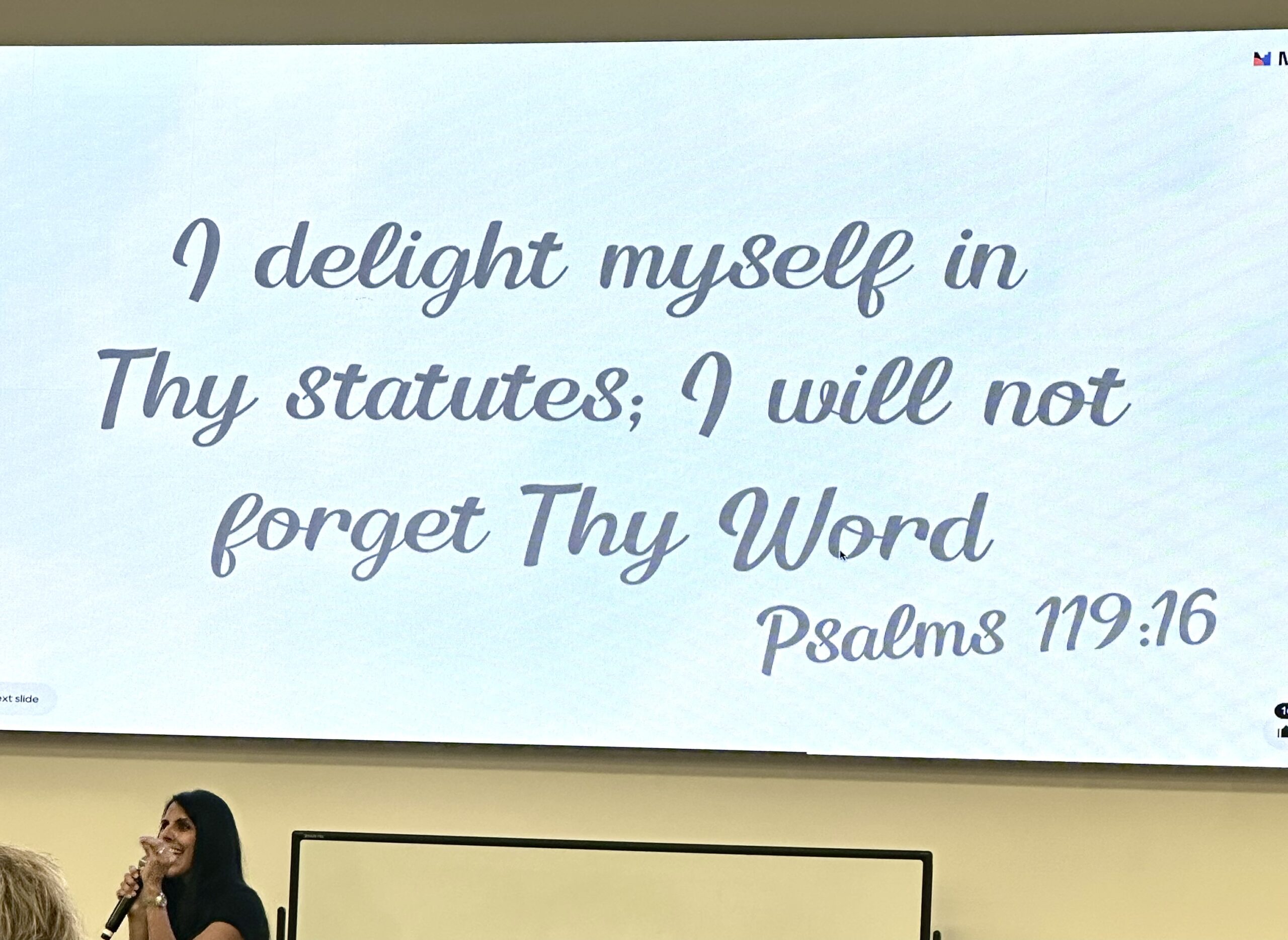 Bible verse slide displaying Psalm 119:16 during a teaching session at Bloom Conference.