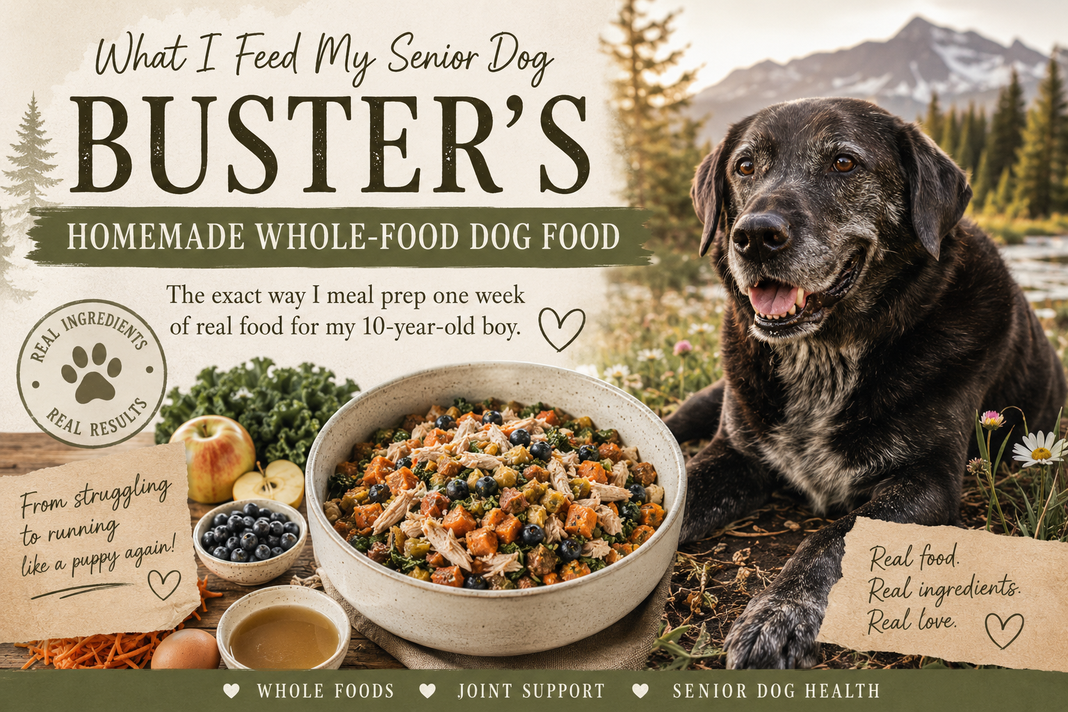 Buster, a senior black Lab Blue Heeler mix, beside a bowl of homemade whole-food dog food with fresh vegetables