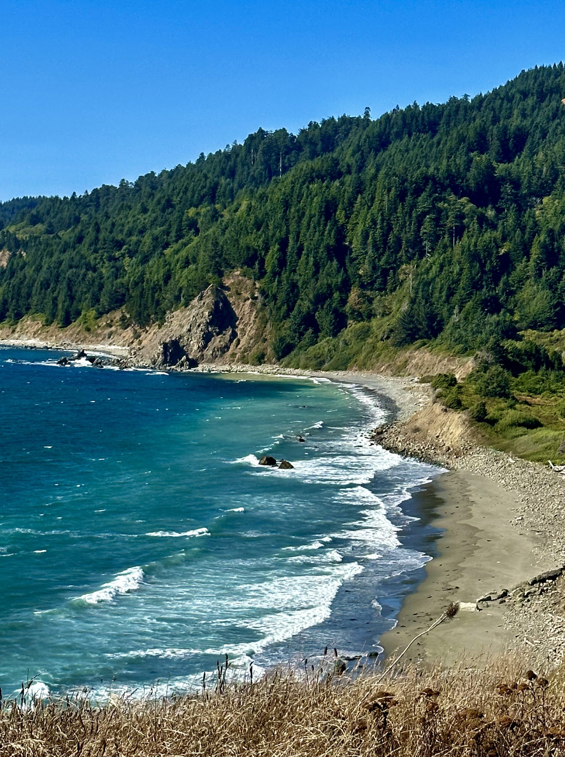 Turquoise Pacific waves meeting a secluded beach beneath forested coastal cliffs near Klamath, California