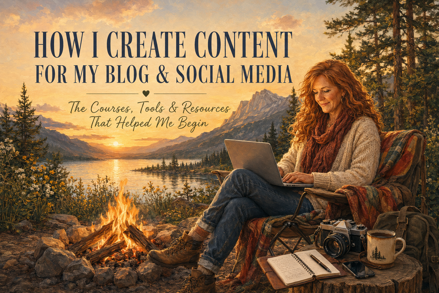 Norman-inspired illustration of a long red-haired woman creating content on her laptop beside a glowing campfire in the peaceful wilderness, featuring the title “How I Create Content for My Blog and Social Media: The Courses, Tools, and Resources That Helped Me Begin.”