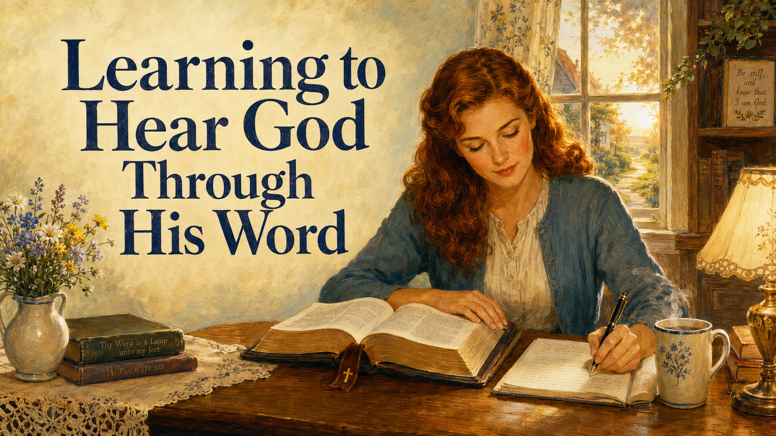 Norman-inspired illustration of a peaceful morning Bible study with an open Bible, warm sunlight, and a glowing path outside, featuring the title “Learning to Hear God Through His Word.”