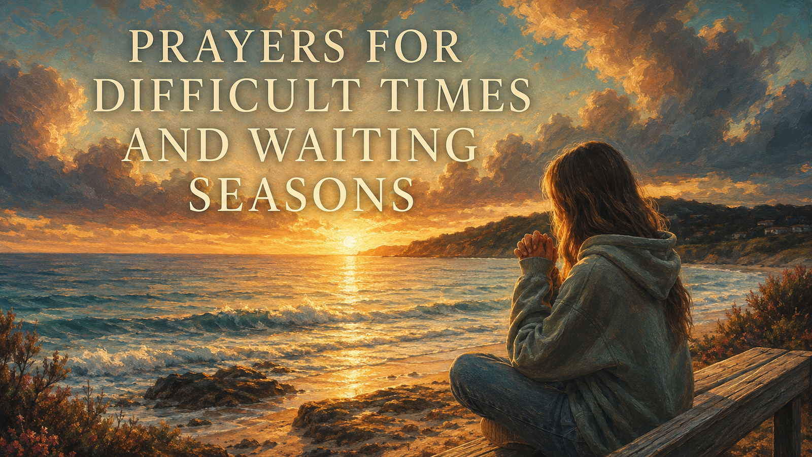 Norman-inspired painting of a woman praying beside the ocean at sunset beneath the title “Prayers for Difficult Times and Waiting Seasons.”