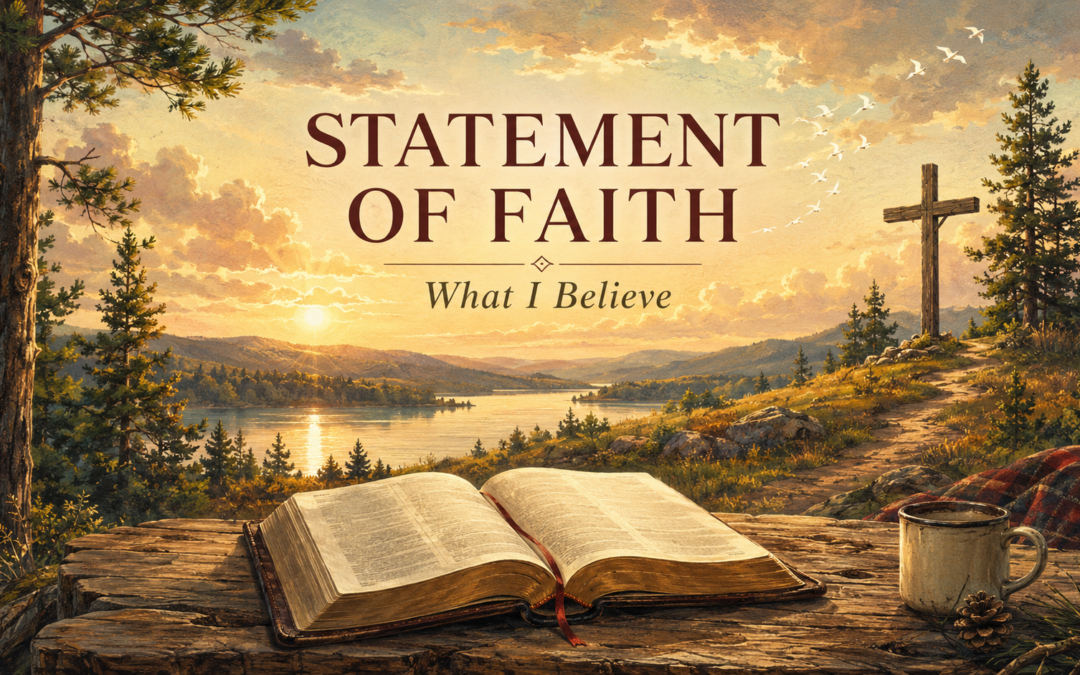 Open Bible beside a wooden cross overlooking a peaceful Minnesota wilderness at sunrise, representing a biblical statement of faith in Jesus Christ.