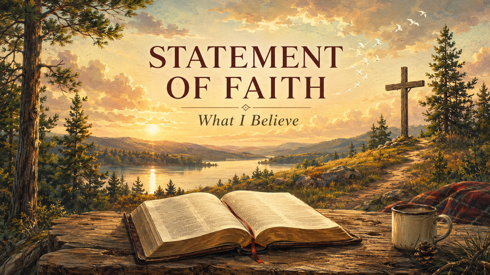Open Bible beside a wooden cross overlooking a peaceful Minnesota wilderness at sunrise, representing a biblical statement of faith in Jesus Christ.