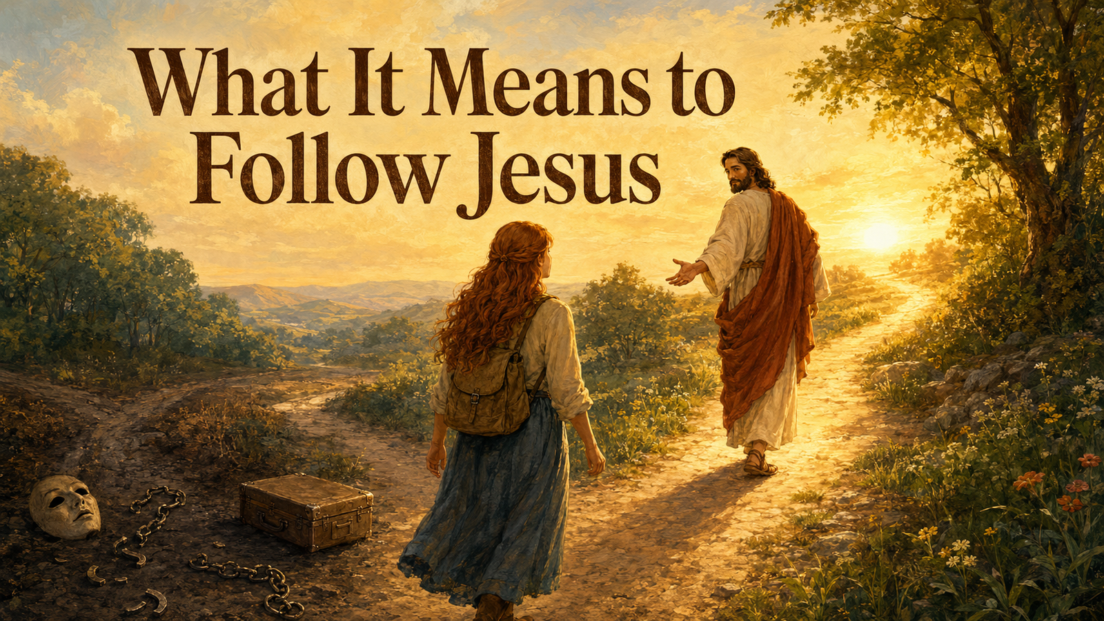 Norman-inspired illustration of a red-haired woman following Jesus along a sunlit woodland path, symbolizing surrender, discipleship, and a new life in Christ.
