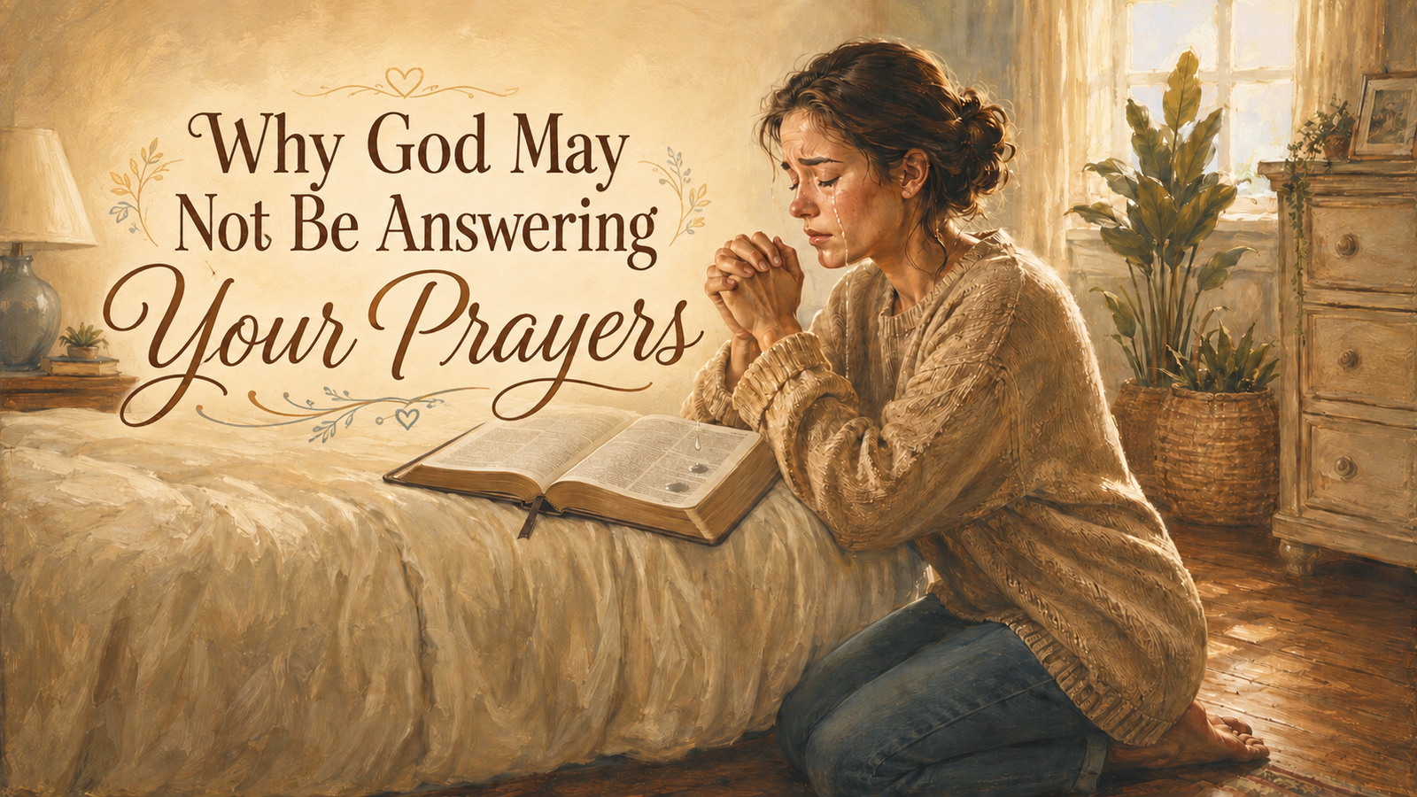 Tearful woman kneeling in prayer beside an open Bible with the title “Why God May Not Be Answering Your Prayers.”