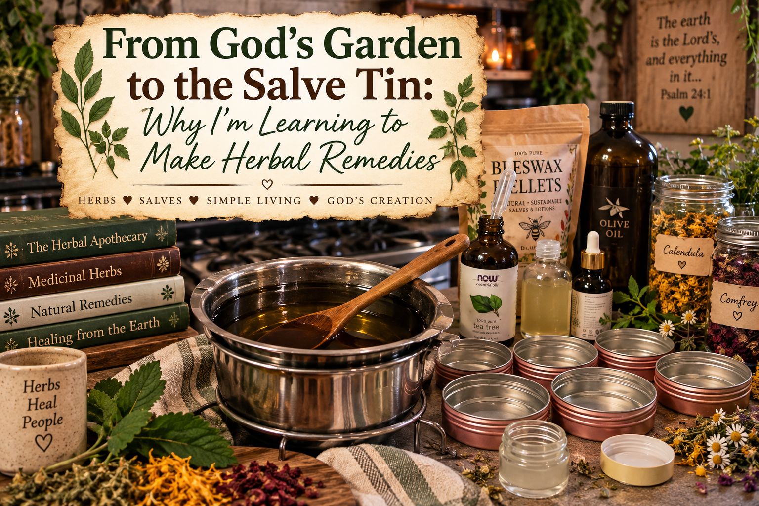Homemade herbal salve making with infused oil, beeswax, dried medicinal herbs, essential oils and salve tins in a rustic home apothecary kitchen.