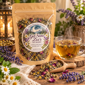 Get Some Zzz's herbal tea blend by Sharla's Wanderlust Adventures with a cup of herbal tea